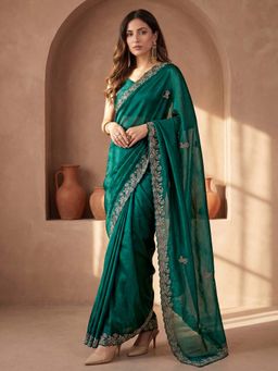 SATRANI - Green Sequined Embroidered Tissue Silk Saree with Unstitched Blouse