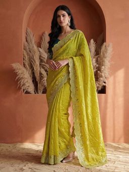 SATRANI - Lime Green Sequined Embroidered Scalloped Border Saree with Unstitched Blouse