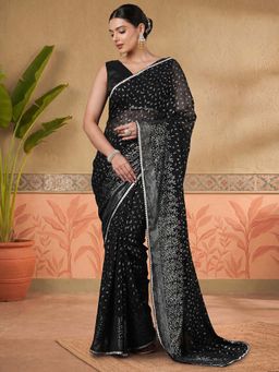 SATRANI - Black Foil Printed Lace Work Georgette Saree with Unstitched Blouse