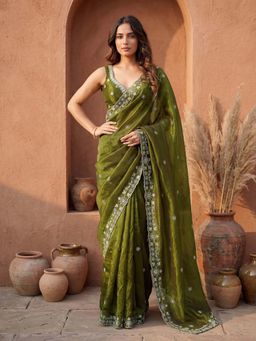 SATRANI - Olive Floral Embroidered Tissue Silk Saree with Unstitched Blouse