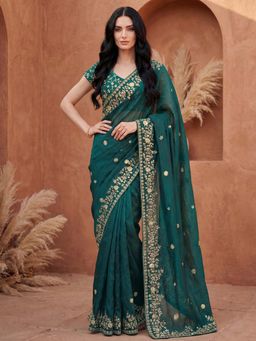 SATRANI - Rama Green Sequined Embroidered Tissue Silk Saree with Unstitched Blouse