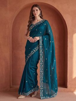 SATRANI - Peacock Teal Floral Embroidered Tissue Silk Saree with Unstitched Blouse