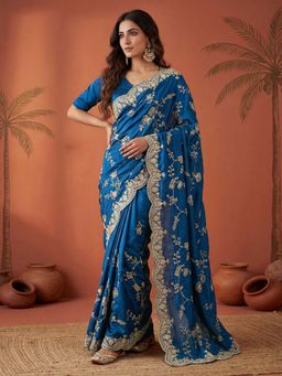 SATRANI - Blue Embroidered Sequined Work Satin Saree with Unstitched Blouse