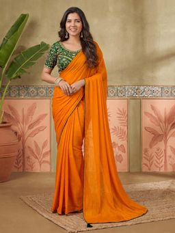 SATRANI - Orange Embroidered Stripes Georgette Saree with Unstitched Blouse