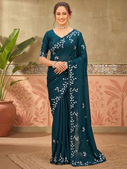 SATRANI - Teal Embroidered Scalloped Border Georgette Saree with Unstitched Blouse