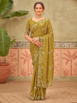 SATRANI - Mustard Embroidered Scalloped Border Georgette Saree with Unstitched Blouse
