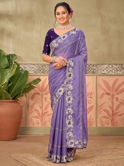 SATRANI - Lavender Floral Embroidered Scalloped Border Georgette Saree with Unstitched Blouse