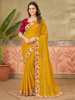 SATRANI - Mustard Floral Embroidered Scalloped Border Georgette Saree with Unstitched Blouse