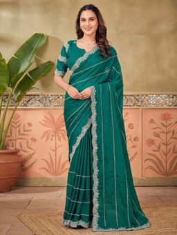 SATRANI - Green Embroidered Stone Work Georgette Saree with Unstitched Blouse