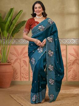SATRANI - Teal Embroidered Scalloped Border Saree with Unstitched Blouse
