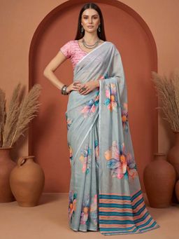 SATRANI - Grey Floral Printed Georgette Saree with Unstitched Blouse