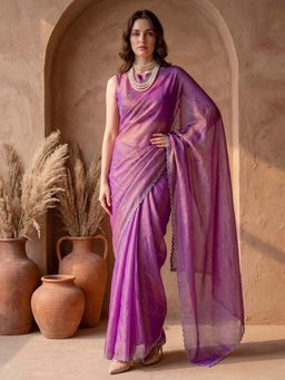 SATRANI - Purple Embellished Stone Work Georgette Saree with Unstitched Blouse