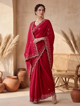 SATRANI - Red Sequined Embroidered Scalloped Border Satin Saree with Unstitched Blouse