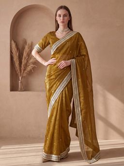 SATRANI - Mustard Sequined Embroidered Chiffon Saree with Unstitched Blouse