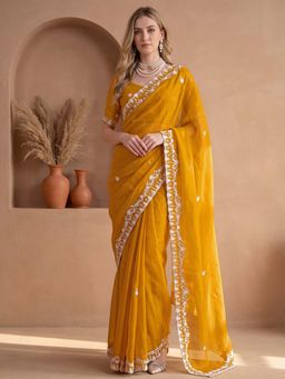 SATRANI - Yellow Sequined Embroidered Georgette Saree with Unstitched Blouse