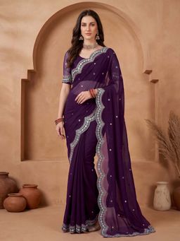 SATRANI - Dark Purple Sequined Embroidered Chiffon Saree with Unstitched Blouse
