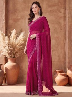 SATRANI - Rani Pink Embellished Stone Work Georgette Saree with Unstitched Blouse