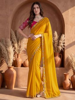 SATRANI - Yellow Embroidered Lace Work Georgette Saree with Unstitched Blouse