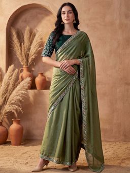 SATRANI - Olive Embroidered Lace Work Georgette Saree with Unstitched Blouse