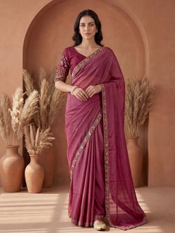 SATRANI - Dusty Rose Pink Embroidered Lace Work Georgette Saree with Unstitched Blouse