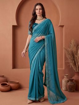 SATRANI - Teal Embroidered Lace Work Georgette Saree with Unstitched Blouse