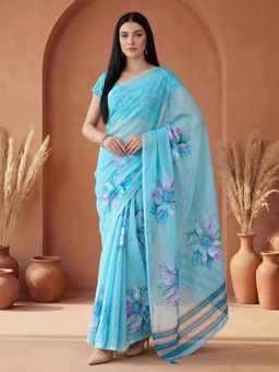 SATRANI - Sky Blue Floral Printed Georgette Saree with Unstitched Blouse