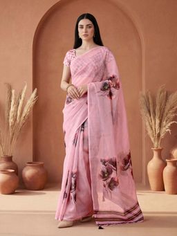 SATRANI - Pink Floral Printed Georgette Saree with Unstitched Blouse