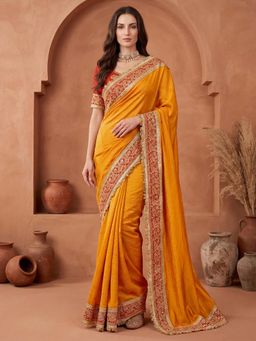 SATRANI - Orange Sequined Embroidered Vichitra Silk Saree with Unstitched Blouse