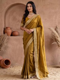 SATRANI - Mustard Solid Gota Lace Work Silk Saree with Unstitched Blouse