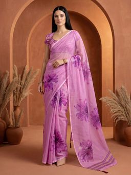 SATRANI - Pink Floral Printed Georgette Saree with Unstitched Blouse