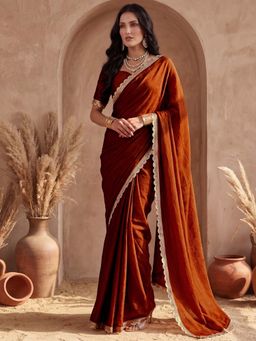 SATRANI - Rust Solid Lace Work Silk Saree with Unstitched Blouse