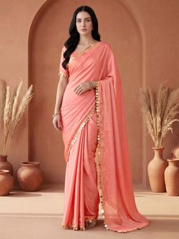 SATRANI - Dusty Peach Solid Lace Work Georgette Saree with Unstitched Blouse