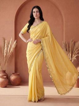 SATRANI - Yellow Solid Lace Work Georgette Saree with Unstitched Blouse
