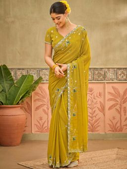 SATRANI - Mustard Embellished Sequined Georgette Saree with Unstitched Blouse