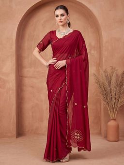 SATRANI - Maroon Hand Embroidery Scalloped Border Silk Saree with Unstitched Blouse