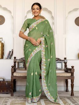 SATRANI - Olive Embroidered Scalloped Border Shimmer Chiffon Saree with Unstitched Blouse