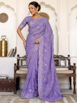 SATRANI - Lavender Embroidered Scalloped Border Chiffon Saree with Unstitched Blouse