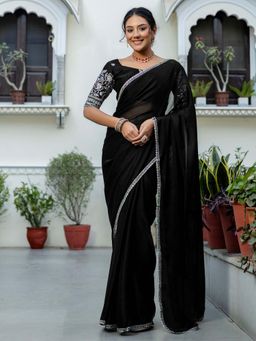 SATRANI - Black Embroidered Lace Work Silk Saree with Unstitched Blouse