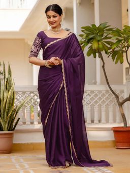 SATRANI - Purple Embroidered Lace Work Silk Saree with Unstitched Blouse