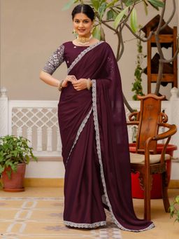 SATRANI - Maroon Embroidered Sequined Work Silk Saree with Unstitched Blouse