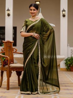 SATRANI - Olive Mehndi Embroidered Lace Work Silk Saree with Unstitched Blouse