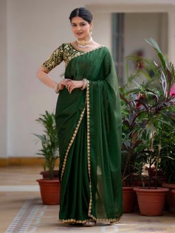SATRANI - Green Floral Embroidered Scalloped Border Silk Saree with Unstitched Blouse