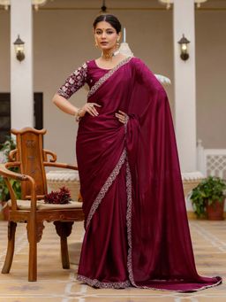 SATRANI - Wine Sequined Embroidered Scalloped Border Silk Saree with Unstitched Blouse
