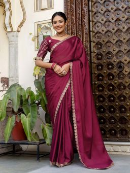 SATRANI - Wine Embellished Sequined Silk Saree with Unstitched Blouse