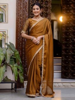 SATRANI - Brown Embellished Sequined Silk Saree with Unstitched Blouse