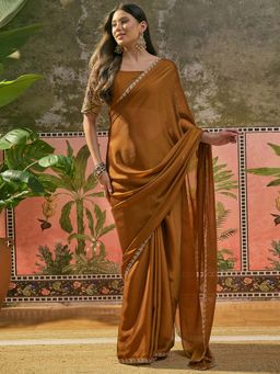 SATRANI - Brown Embroidered Scalloped Border Silk Saree with Unstitched Blouse