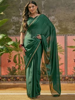 SATRANI - Green Embroidered Scalloped Border Silk Saree with Unstitched Blouse