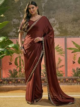 SATRANI - Maroon Sequined Embroidered Silk Saree with Unstitched Blouse