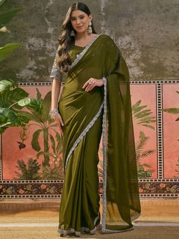 SATRANI - Olive Sequined Embroidered Silk Saree with Unstitched Blouse