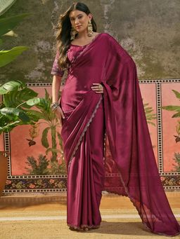 SATRANI - Wine Embroidered Scalloped Border Silk Saree with Unstitched Blouse